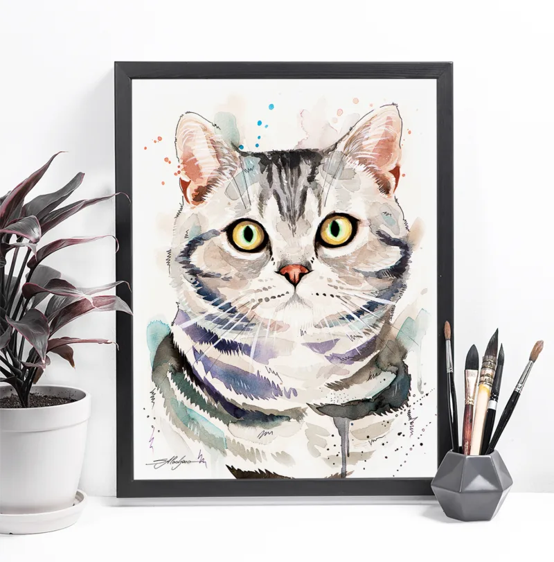 American Shorthair cat watercolor painting, limited edition art print by Slaveika Aladjova, view 3