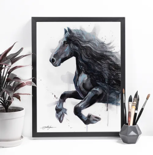 Friesian horse watercolor painting, limited edition art print by Slaveika Aladjova, view 2