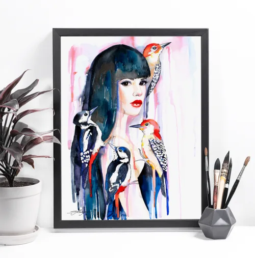 Girl with four woodpeckers, watercolor painting, limited edition art print by Slaveika Aladjova