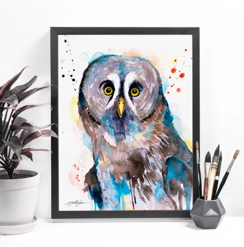 Great grey owl watercolor painting, limited edition art print by Slaveika Aladjova, view 2