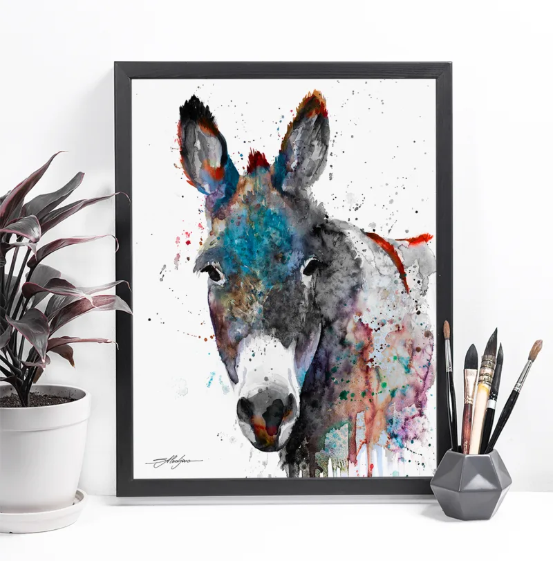 Grey donkey with teal and rust, watercolor painting, limited edition art print by Slaveika Aladjova