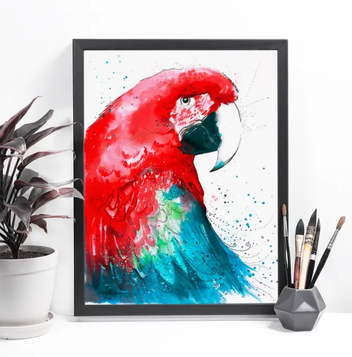 Green-winged macaw watercolor painting, limited edition art print by Slaveika Aladjova, view 2