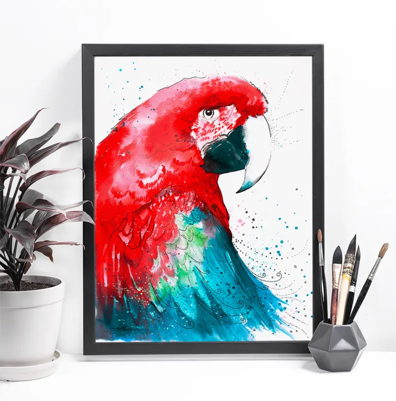 Green-winged macaw watercolor painting, limited edition art print by Slaveika Aladjova, view 2