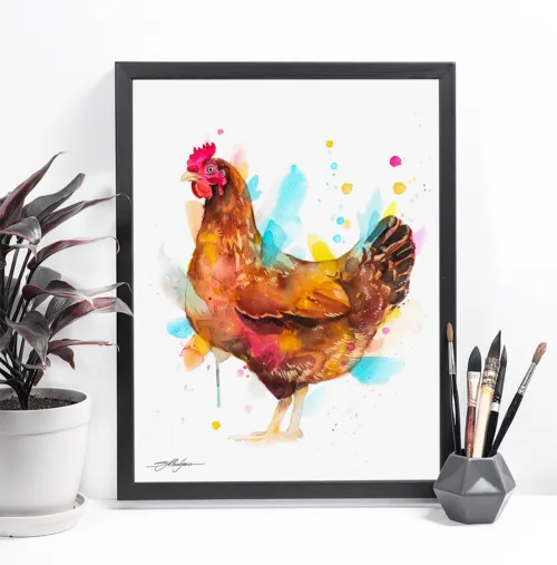 Hen watercolor painting, limited edition art print by Slaveika Aladjova, view 2