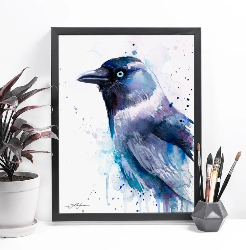 Jackdaw watercolor painting, limited edition art print by Slaveika Aladjova, view 3