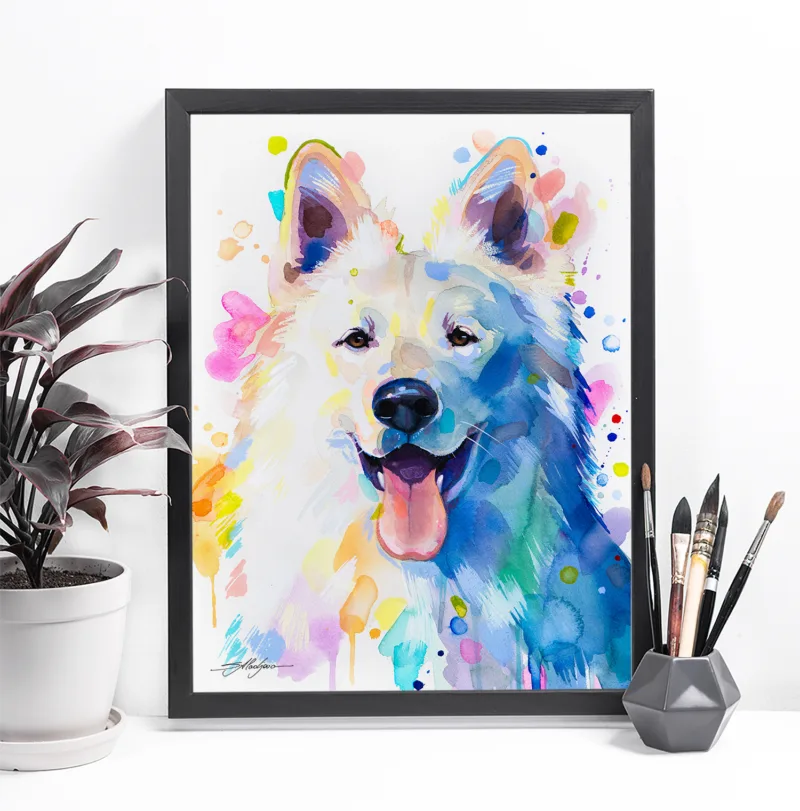 White Swiss Shepherd watercolor painting, limited edition art print by Slaveika Aladjova, view 4