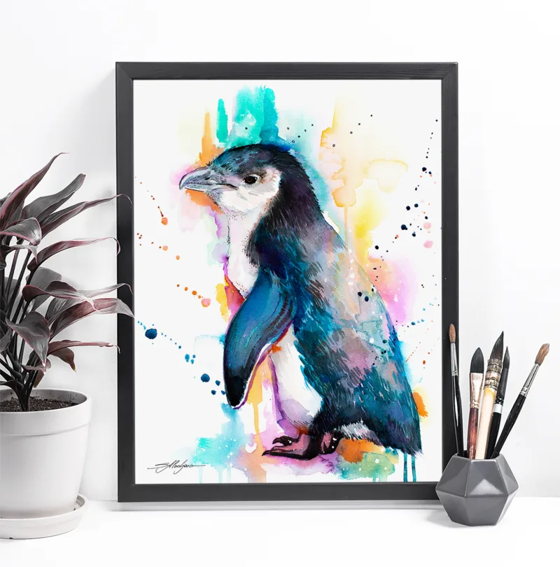Little blue penguin watercolor painting, limited edition art print by Slaveika Aladjova, view 2