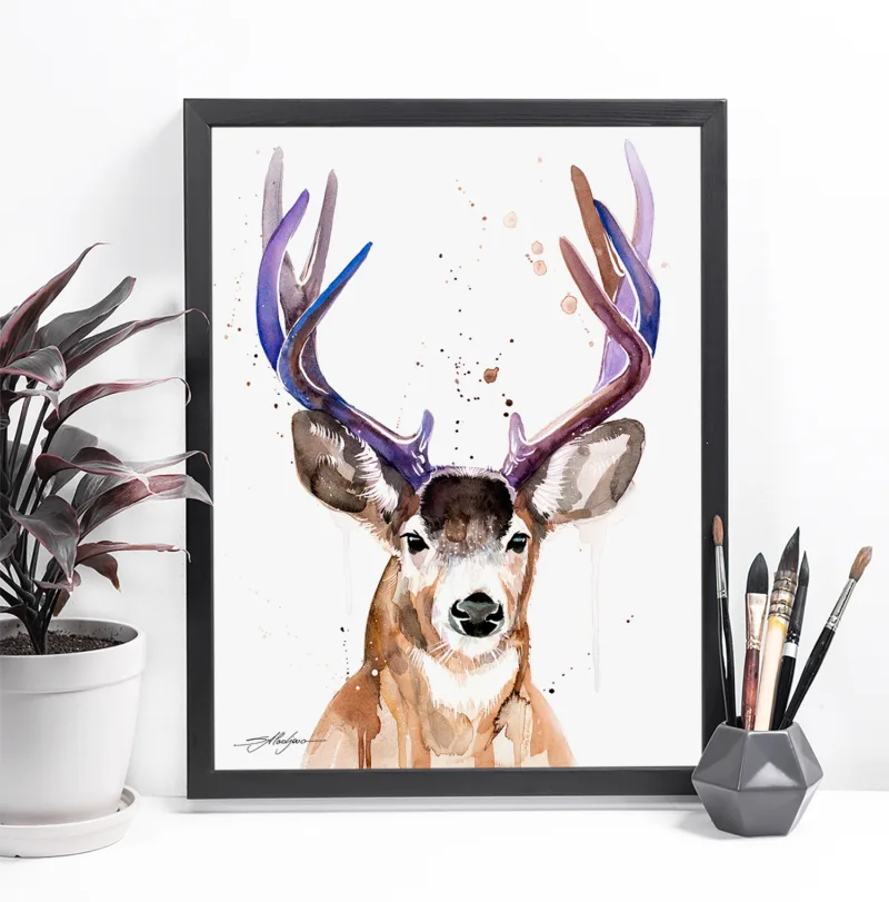 Mule deer watercolor painting, limited edition art print by Slaveika Aladjova, view 4