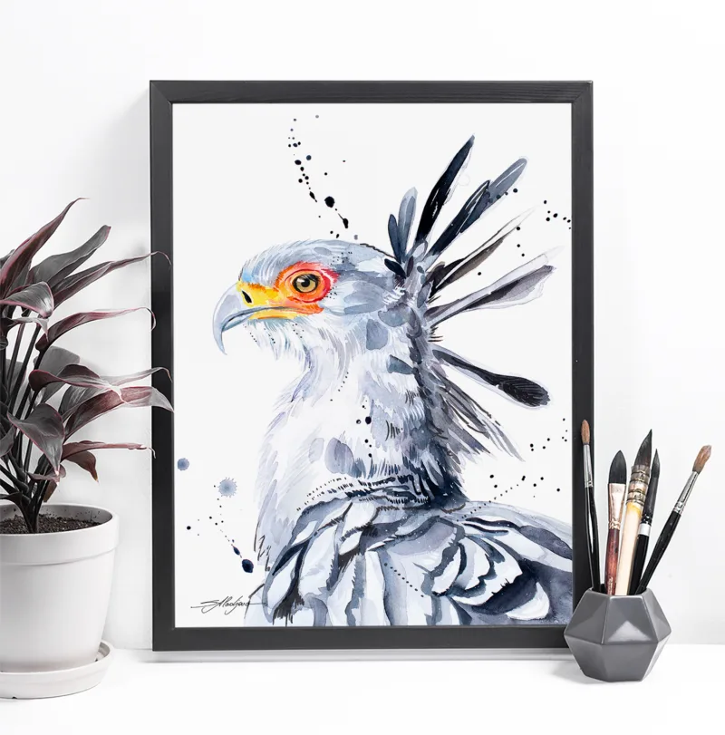 Secretary bird watercolor painting, limited edition art print by Slaveika Aladjova, view 3