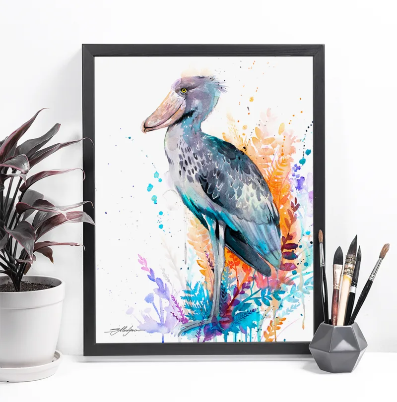 Shoebill watercolor painting, limited edition art print by Slaveika Aladjova, view 3