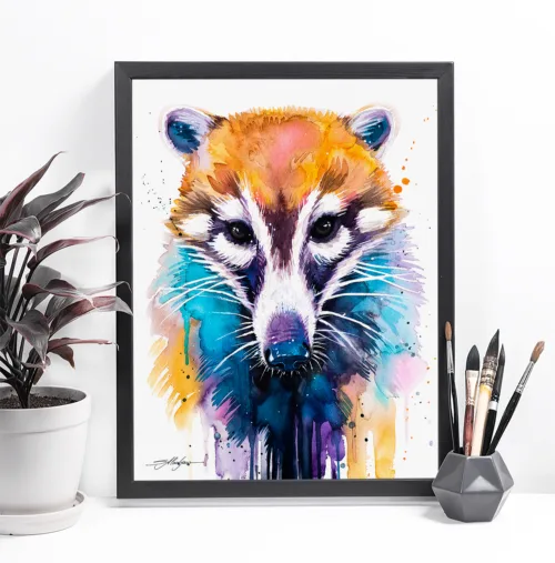 White-nosed coati watercolor painting, limited edition art print by Slaveika Aladjova, view 2