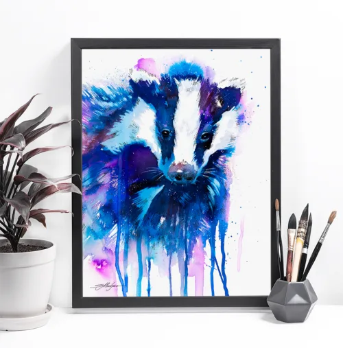 Blue badger watercolor painting, limited edition art print by Slaveika Aladjova, view 2