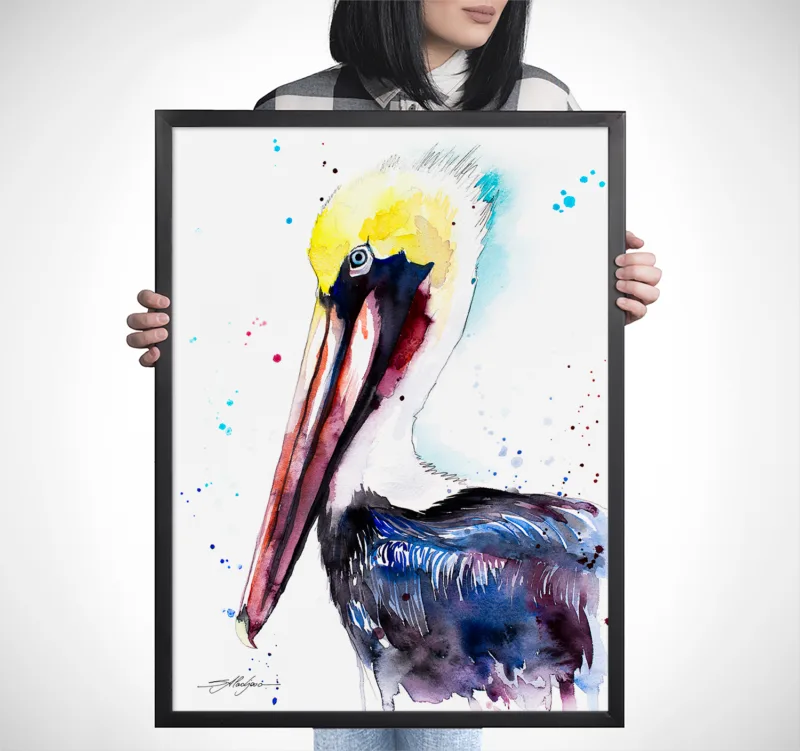 Brown pelican watercolor painting, limited edition art print by Slaveika Aladjova, view 4
