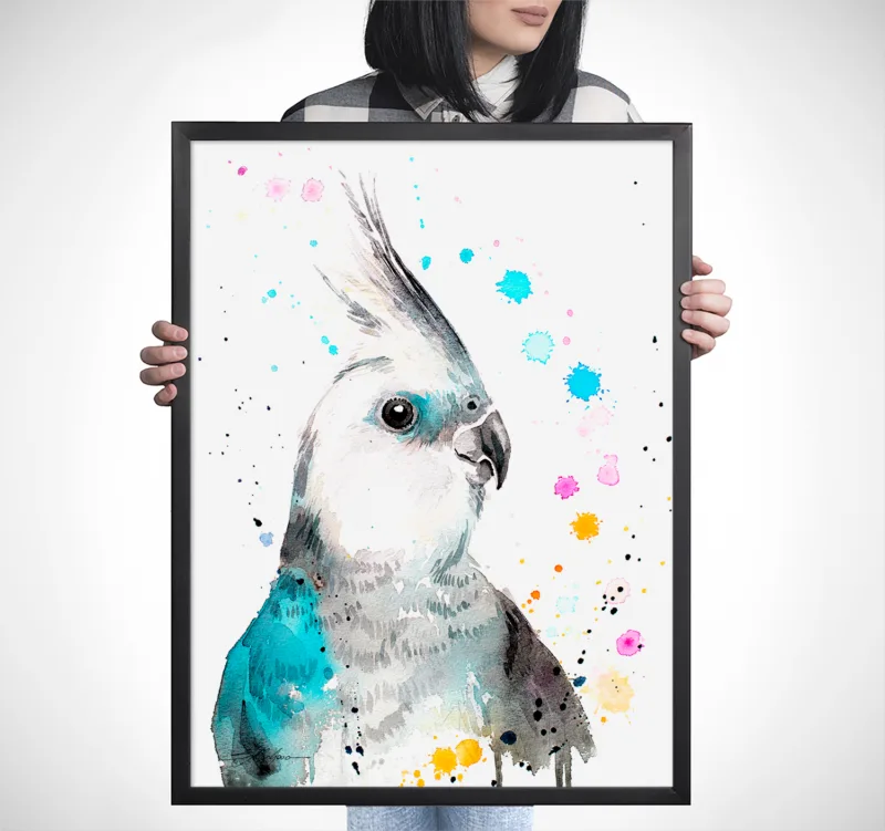 Cockatiel watercolor painting, limited edition art print by Slaveika Aladjova, view 2