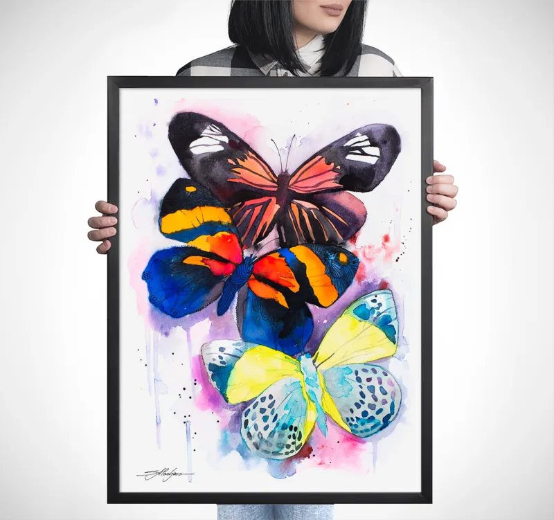 Three colorful butterflies watercolor painting, limited edition art print by Slaveika Aladjova, view 3