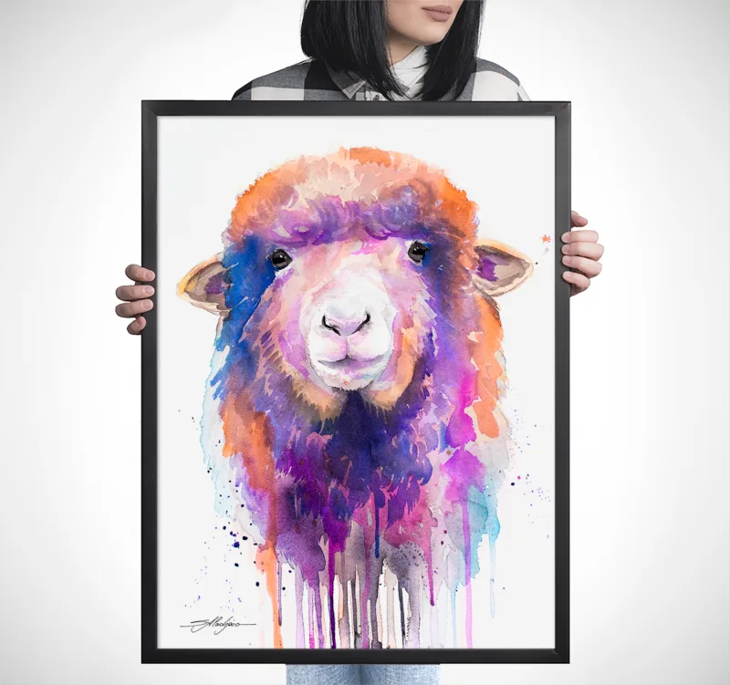 Colorful sheep watercolor painting, limited edition art print by Slaveika Aladjova, view 3