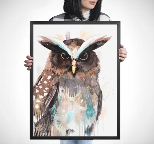 Crested owl watercolor painting, limited edition art print by Slaveika Aladjova