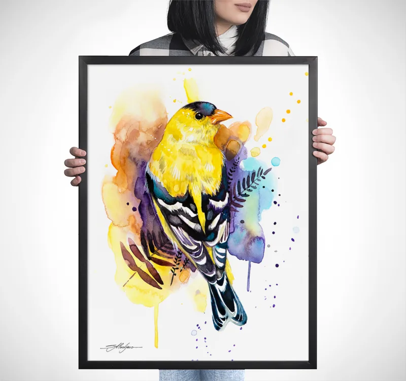 American goldfinch watercolor painting, limited edition art print by Slaveika Aladjova, view 4