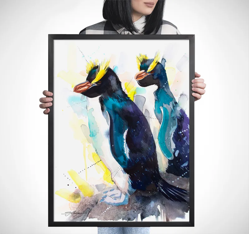 Two erect-crested penguins watercolor painting, limited edition art print by Slaveika Aladjova