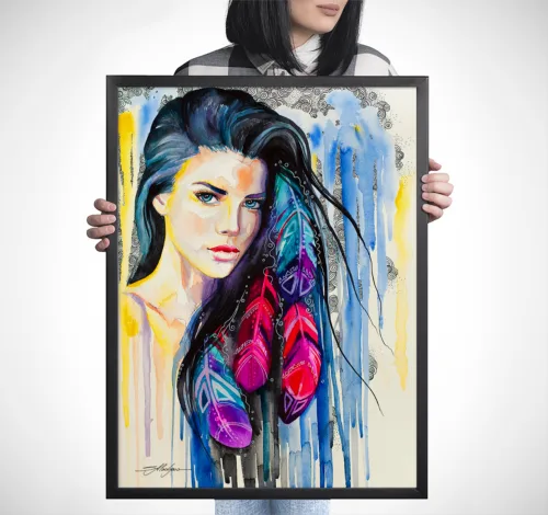 Girl with feathers in her hair, watercolor portrait, limited edition art print by Slaveika Aladjova