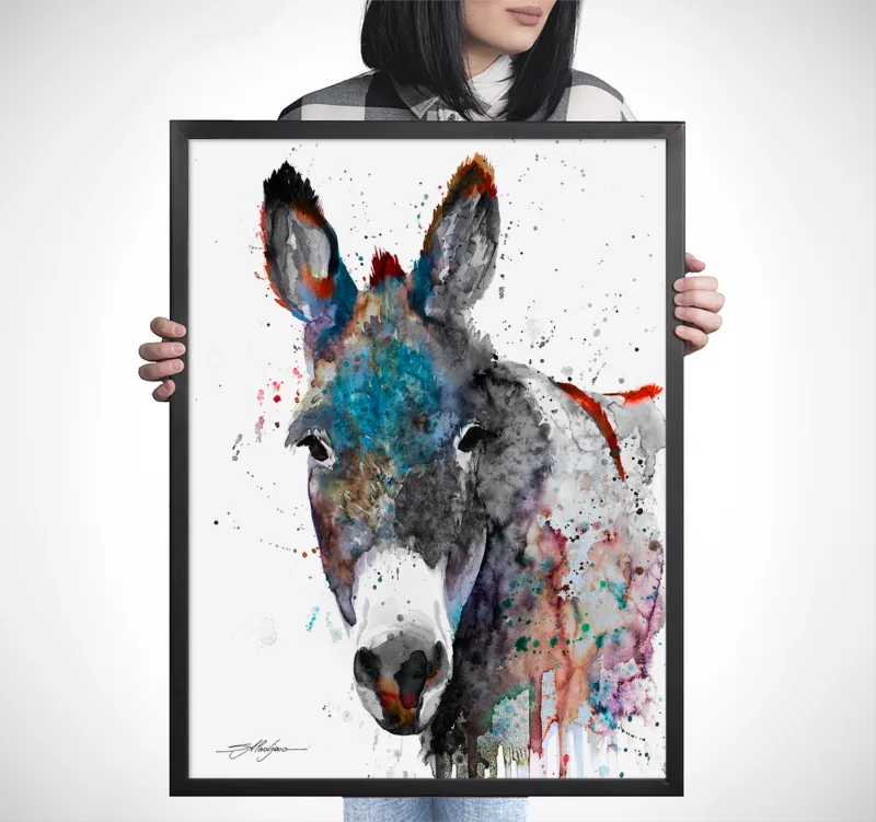 Grey donkey with teal and rust, watercolor painting, limited edition art print by Slaveika Aladjova, view 4
