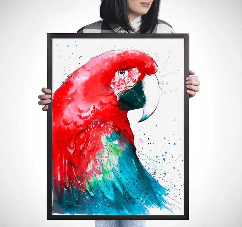 Green-winged macaw watercolor painting, limited edition art print by Slaveika Aladjova, view 3
