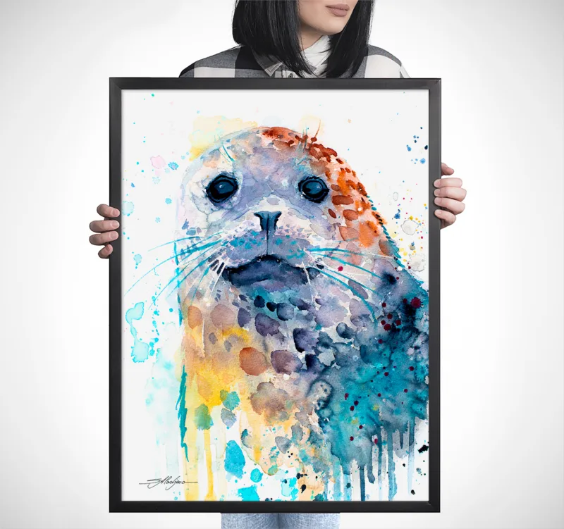 Harbor seal watercolor painting, limited edition art print by Slaveika Aladjova, view 4