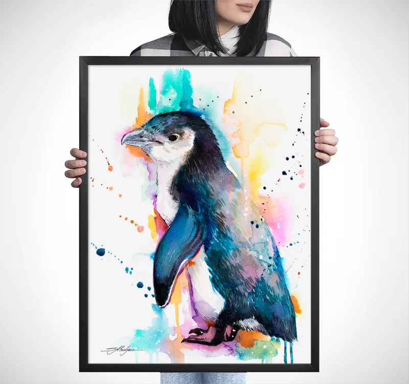 Little blue penguin watercolor painting, limited edition art print by Slaveika Aladjova, view 3