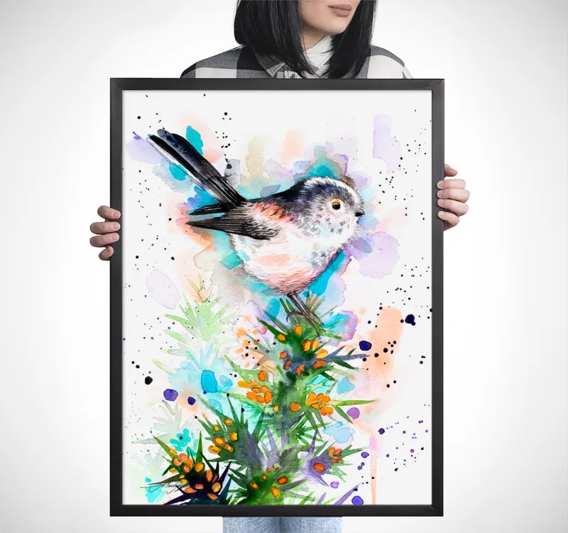 Long-tailed tit watercolor painting, limited edition art print by Slaveika Aladjova, view 3