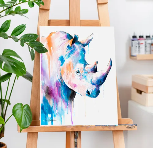 Blue rhino watercolor painting, limited edition art print by Slaveika Aladjova, view 2