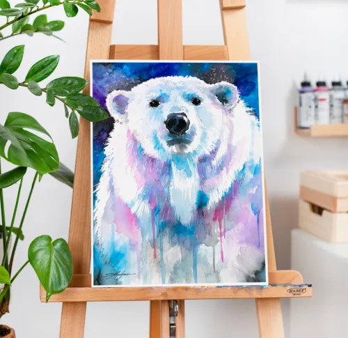 Blue polar bear watercolor painting, limited edition art print by Slaveika Aladjova, view 2
