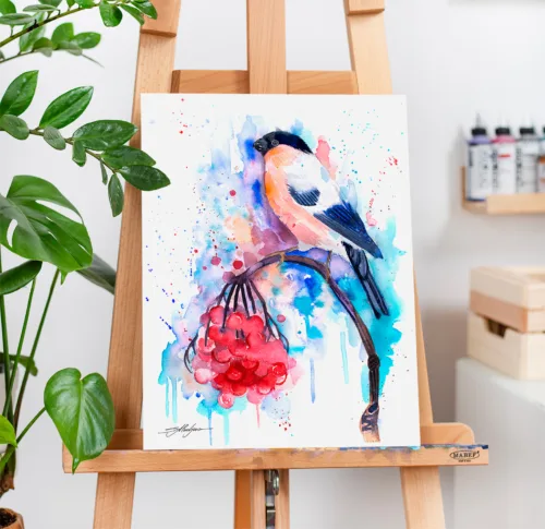 Bullfinch watercolor painting, limited edition art print by Slaveika Aladjova
