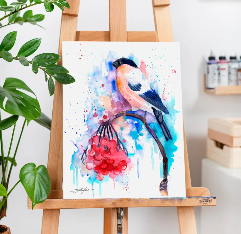 Bullfinch watercolor painting, limited edition art print by Slaveika Aladjova