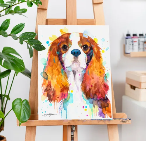 Cavalier King Charles Spaniel Blenheim Cavalier King Charles spaniel watercolor painting, limited edition art print by Slaveika Aladjova
