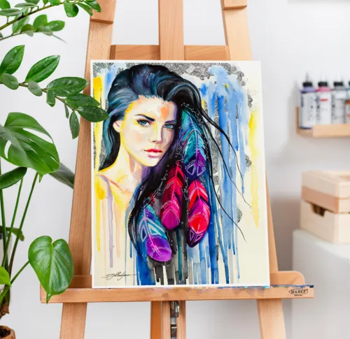 Girl with feathers in her hair, watercolor portrait, limited edition art print by Slaveika Aladjova, view 2