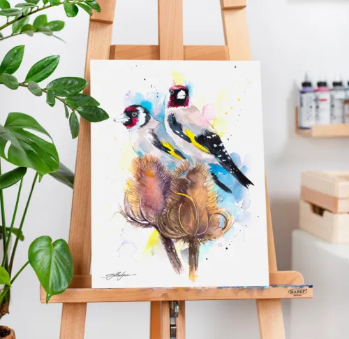 Two European goldfinches on teasel, watercolor painting, limited edition art print by Slaveika Aladjova, view 2