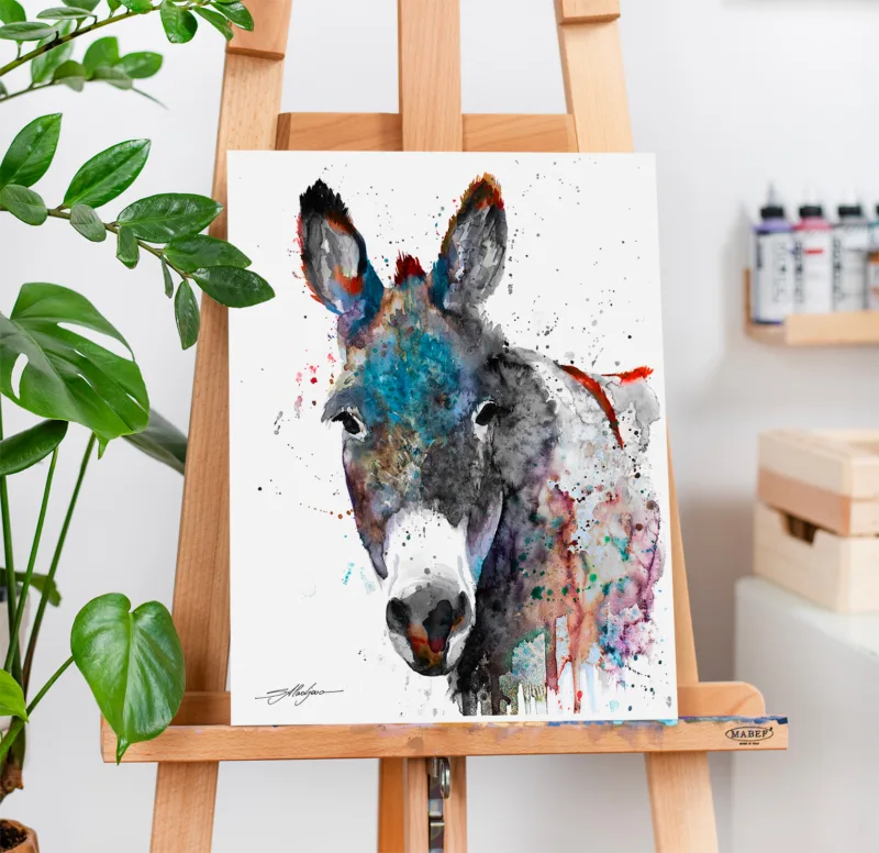 Grey donkey with teal and rust, watercolor painting, limited edition art print by Slaveika Aladjova, view 3
