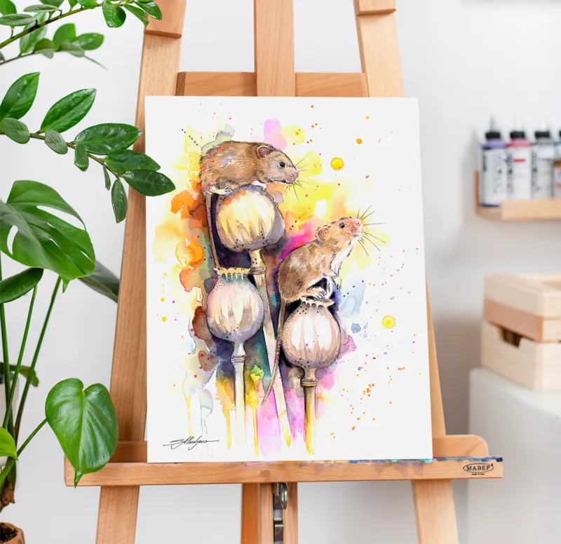 Two harvest mice on poppy seed heads, watercolor painting, limited edition art print by Slaveika Aladjova, view 3
