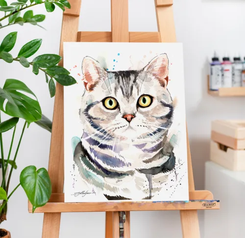 American Shorthair cat watercolor painting, limited edition art print by Slaveika Aladjova