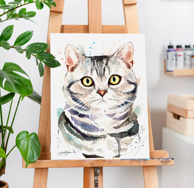 American Shorthair cat watercolor painting, limited edition art print by Slaveika Aladjova
