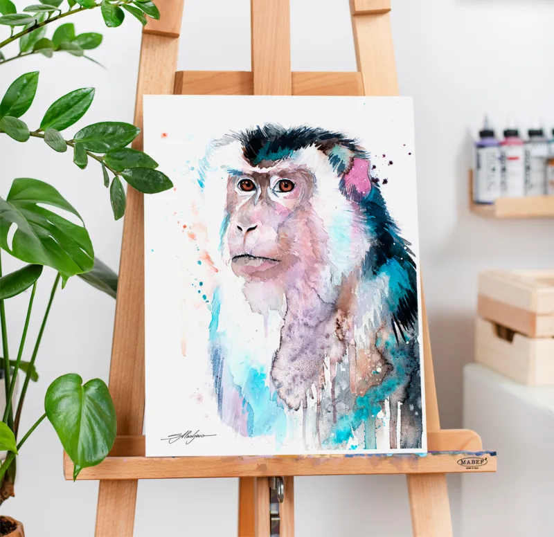 Macaque watercolor painting, limited edition art print by Slaveika Aladjova, view 3