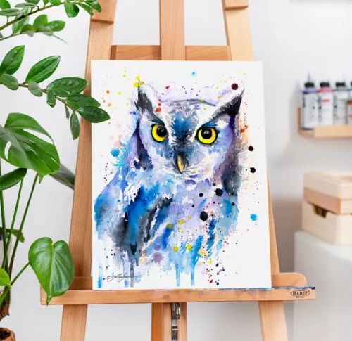 Screech owl watercolor painting, limited edition art print by Slaveika Aladjova, view 2