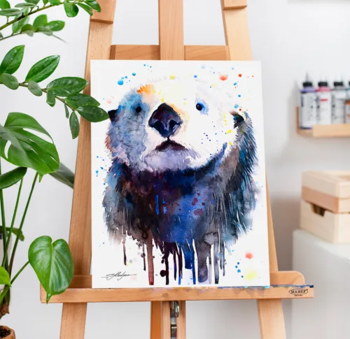 Sea otter face watercolor painting, limited edition art print by Slaveika Aladjova, view 2