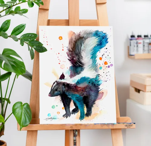 Skunk watercolor painting, limited edition art print by Slaveika Aladjova, view 2