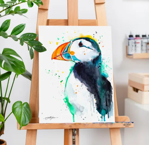 Atlantic puffin watercolor painting, limited edition art print by Slaveika Aladjova