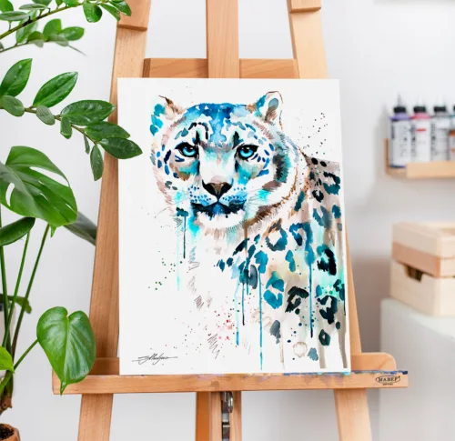 Snow leopard watercolor painting, limited edition art print by Slaveika Aladjova