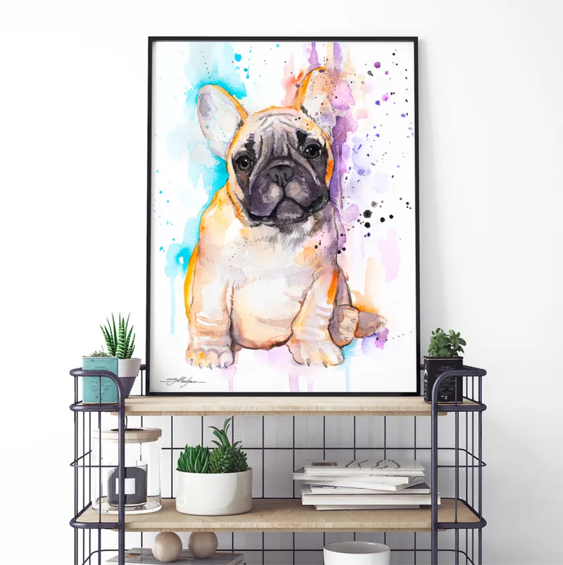 Fawn French bulldog puppy watercolor painting, limited edition art print by Slaveika Aladjova, view 4