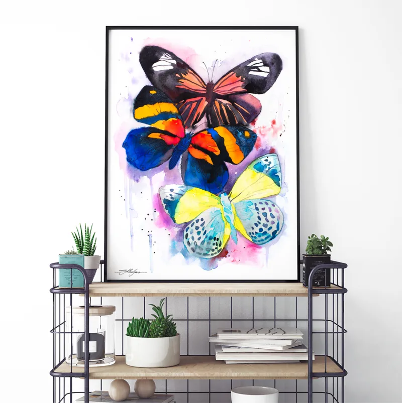Three colorful butterflies watercolor painting, limited edition art print by Slaveika Aladjova, view 2