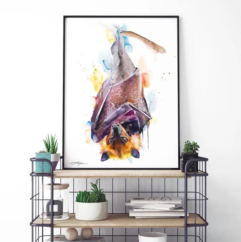 Golden-crowned flying fox fruit bat watercolor painting, limited edition art print by Slaveika Aladjova, view 4