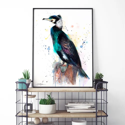 Cormorant watercolor painting, limited edition art print by Slaveika Aladjova